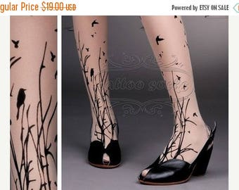 SALE///endsAug22/// fabulous FOREST SYMPHONY tattoo thigh-high nylons Light Mocha