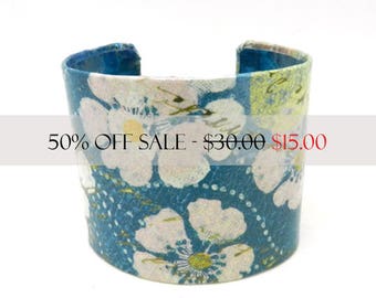 Bracelet Cuff, Cuff Bracelet, Wide Bracelet Cuff, Decoupage Cuff, Decoupage Jewelry, Wearable Art, Blue Floral Jewelry, Flower Bracelet