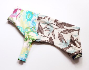 italian greyhound COURTNEYCOURTNEY pattern print upcycled dog jumpsuit onsie pajama legs romper floral tropical blue green hawaiian theme