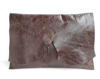 Raw edge leather clutch with vintage key - distressed brown
