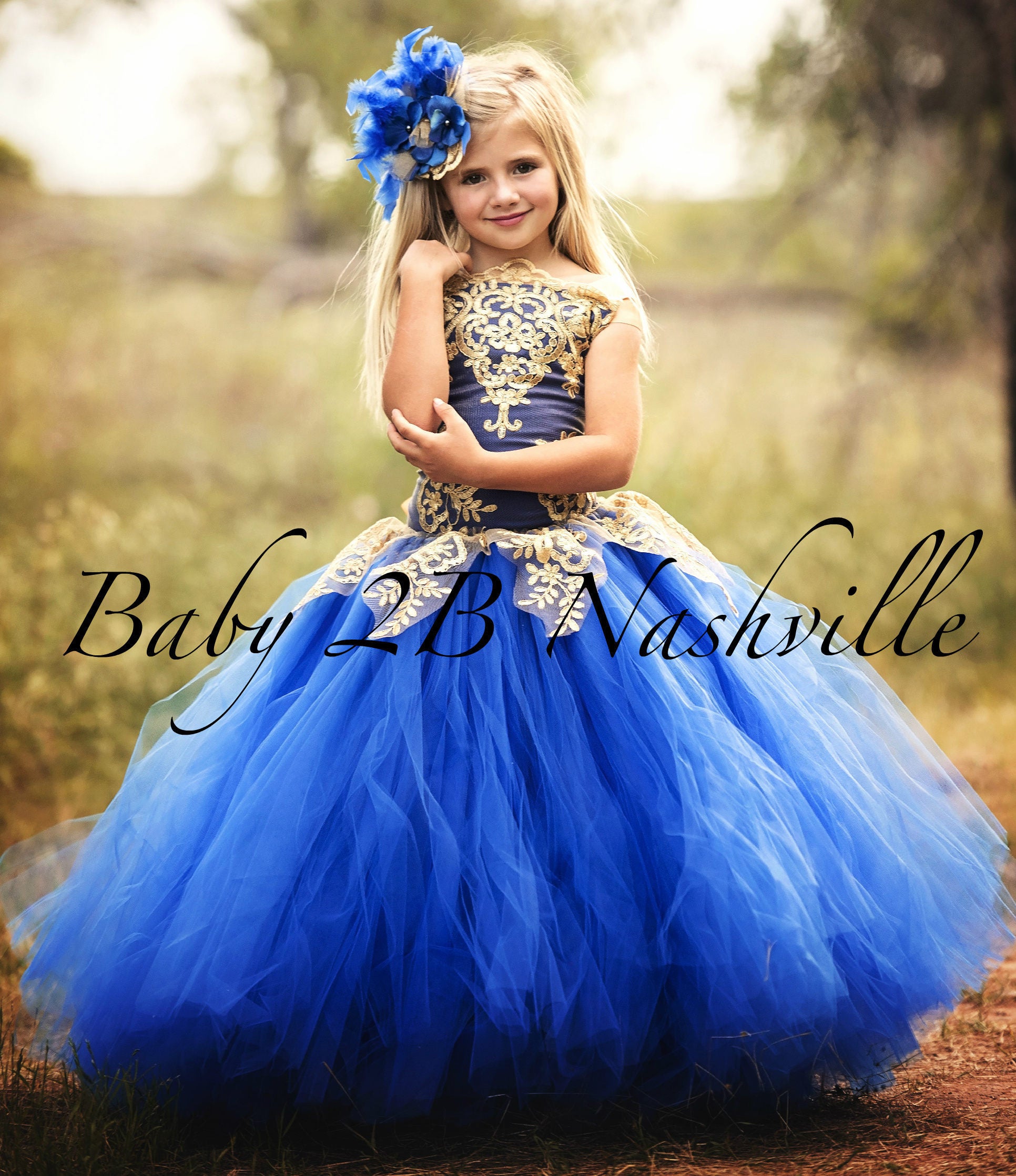 Royal Blue Dress Gold Dress Flower Girl Dress Princess Dress