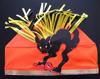 Vintage Halloween Crepe Paper Party Hat with Black Cat Die Cut Unused