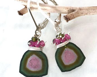 Watermelon Tourmaline Slice Earrings - Sterling Silver