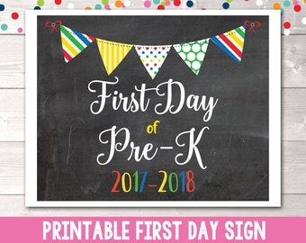 First Day of Pre-K Sign Printable PDF Instant Download PDF with Primary Colors Bunting Banner 2017-2018 School Year for Girls or Boys