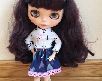 Shirt, Skirt & Headband Outfit Set for Blythe - Nautical Hearts Pink and Blue