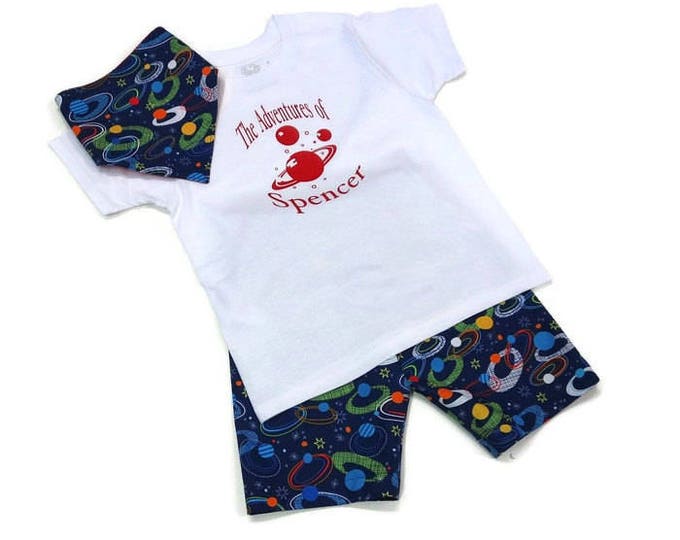 Outer Space Birthday Party - Little Boys Outfit - 3 pc Set with personalized t-shirt, shorts, bandanna - Sizes 6 months to 8 years - Baby