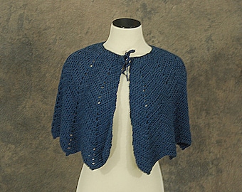 CLEARANCE SALE vintage 70s Hand Knit Capelet - 1970s Navy Blue Crochet Shawl Wrap Cape Sz S M L