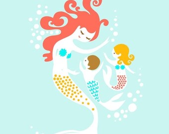 SUMMER SALE 8X10" mermaid mother & boy and girl twin children giclee print on fine art paper. sky blue, coral redhead, blonde, brunette