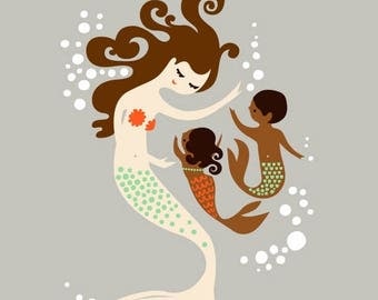SUMMER SALE 8X10" mermaid mother with baby girl and boy. giclee print on fine art paper. taupe, brunette, chocolate skin.
