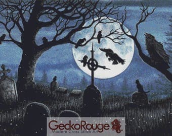 Gothic Cross Stitch, Amylyn Bihrle Art, Cross Stitch Kit, Counted Cross Stitch, Graveyard, Modern Cat Stitching kit, Crow Cross Stitch