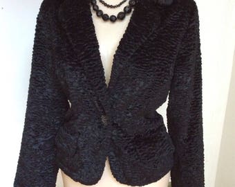 Vintage faux Persian lamb black blazer jacket, sz Small crushed black velvet blazer, fitted black textured velvet sz S dressy blazer top
