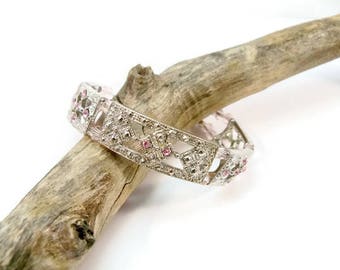 Pink and Silver Crystal Bracelet, Silver Cuff Bracelet, Swarovski Crystal Bracelet, Silver Bracelet, Gifts for Her