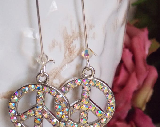 Peace Sign Boho Chic Crystal Earrings Swarovski Crystal Light Minimalist Earrings Sparkle Glam Rhinestone Gift Jewelry