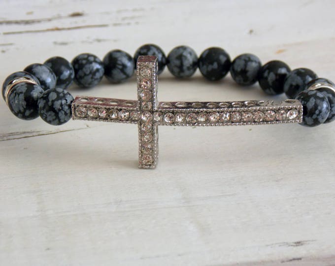 Stretch Sideways Cross Bracelet Snowflake Agate Gemstone Black Gray Rhinestone Stack Bracelet Spiritual Christian Jewelry