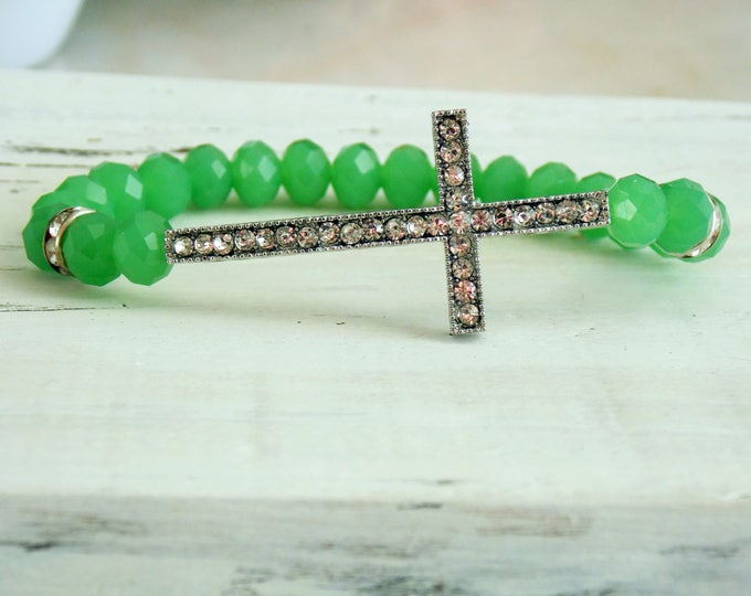 Sideways Cross Bracelet-Opaque Green Glass Beaded Bracelet- Rhinestone Cross Bracelet- Stretch Bracelet- Stacking Layering Jewelry