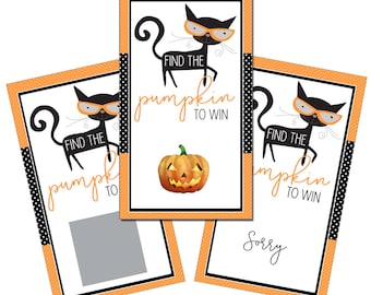 Set of 12 Scratch Off Game Cards for Baby Showers with Halloween Black Cat and Orange Pumpkin SCH011