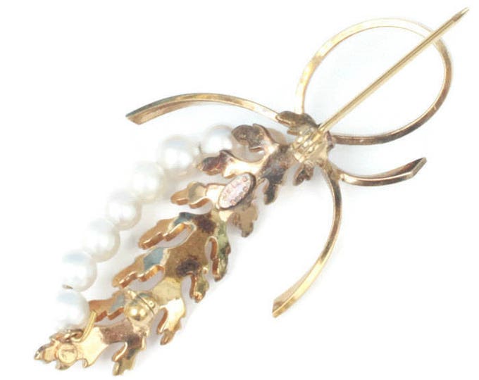 Cultured Pearl Leaf Brooch Goldwash Sterling Retro Foliate Design Designer Signed Vintage