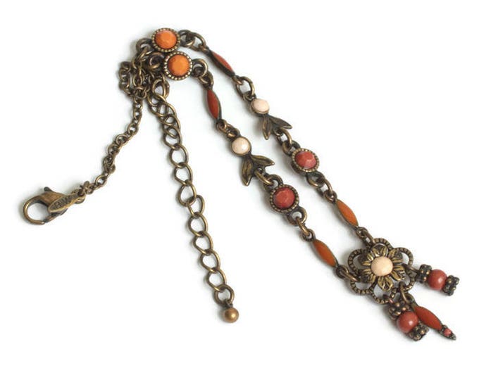 Avon Ankle Bracelet Flower Design Orange Beads Dark Gold Tone Metal