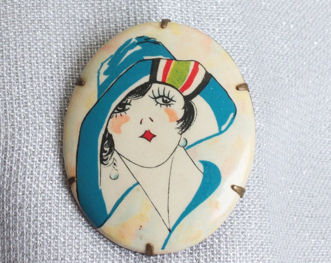 Flapper Girl Face Pin Celluloid Art Deco Girl in Hat Pin Brooch