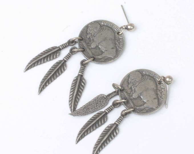 Buffalo Nickel Style Earrings Feather Dangles Simulated Coin Jewelry Silver Tone Vintage