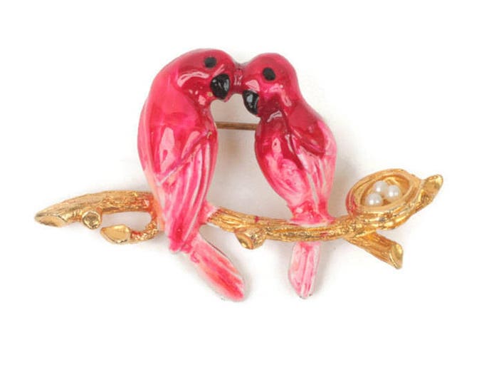 Red Enameled Lovebirds on Branch Brooch Nest with Faux Pearl Eggs Vintage