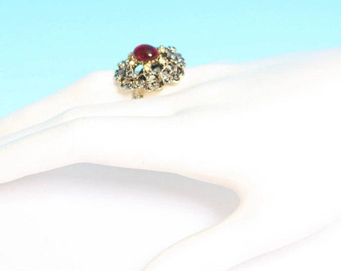 Red Glass Cabochon Ring Yellow Rhinestones Adjustable Vintage