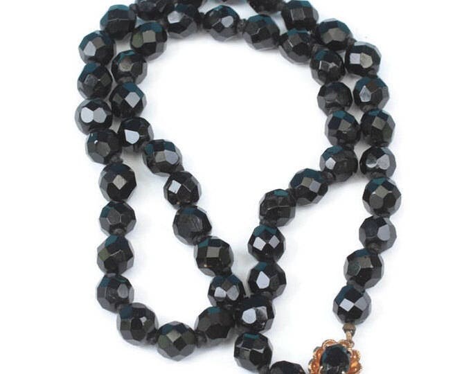 Faceted Black Glass Bead Necklace 19 Inches Fancy Clasp