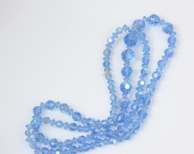 Blue AB Crystal Necklace Faceted Graduated Size Beads 30 Inches Long