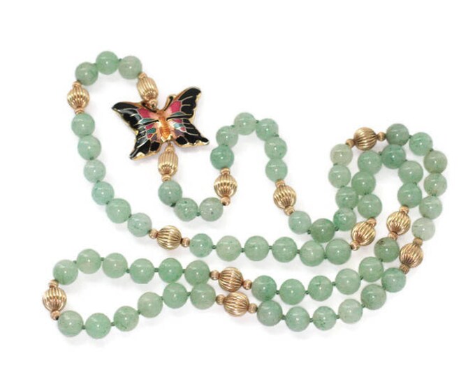 Green Aventurine Bead Necklace Cloisonne Butterfly Focal Gold Tone Beads Hand Knotted Vintage