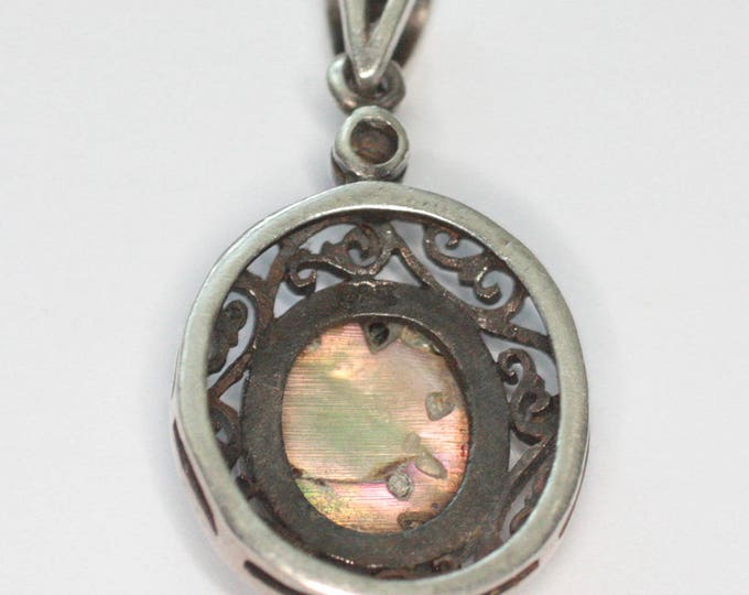 Abalone Shell Sterling Pendant Filigree Setting Oval Vintage