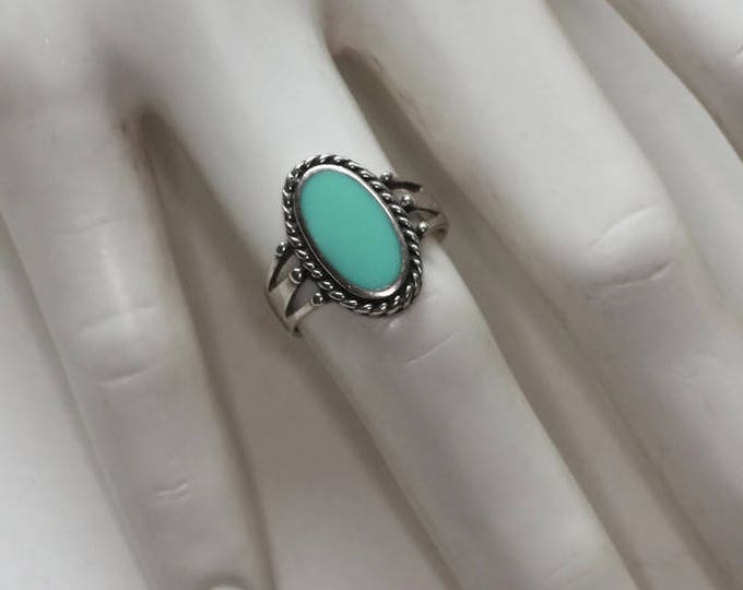 Turquoise Lucite and Sterling Ring Rope Edging Signed Marsala Size 7 Vintage