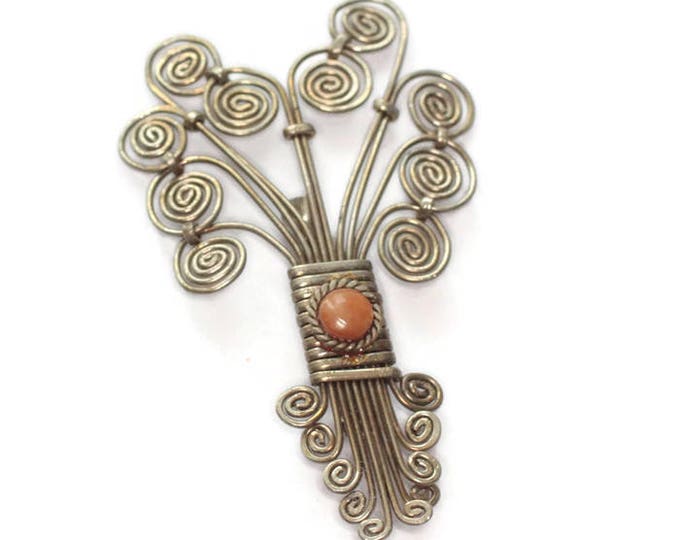 Vintage Swirled Metal Brooch Twisted Wire Design Butterscotch Glass Accent