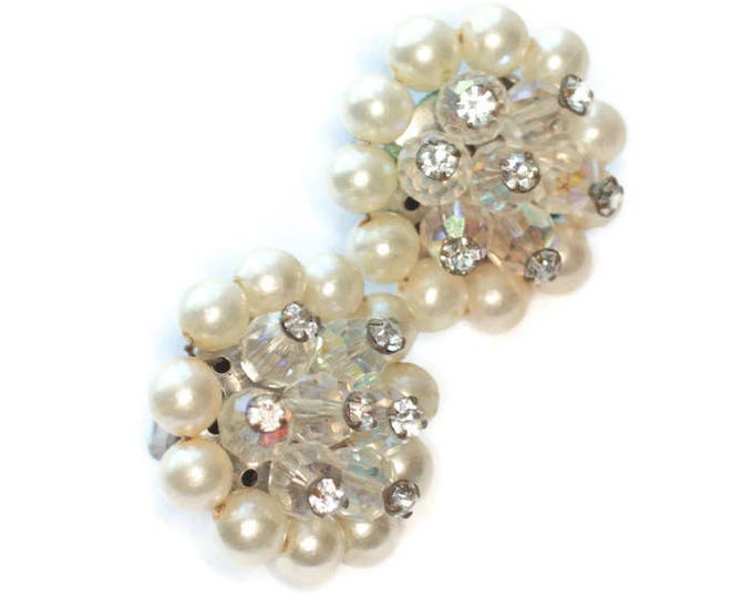 Faux Pearl and AB Bead Cluster Earrings Rhinestone Accents Clip On Style Vintage