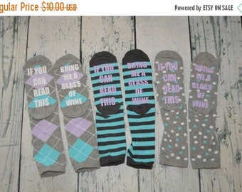 ON SALE Bring me Wine Socks Lavender Aqua and Grey Tone Crew socks stocking stuffer gag gift