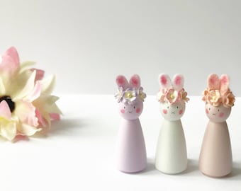 Wooden Peg Bunnies, Easter, Nursery Decor, Girls Bedroom Decor, Birthday Gift, Christening Gift, Peg Doll, Peg Dolls, New Baby Gift