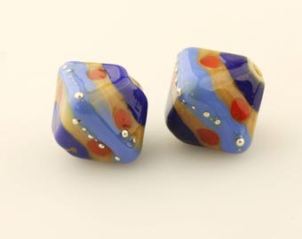 SRA Glass Lampwork Bead Pair Southwest, Orange, Blue, Brown, Chunky Crystal Bicone
