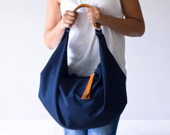 SALE Large hobo bag blue cotton and brown leather, shoulder purse carryall bag oversized purse everyday bag-Kallia bag