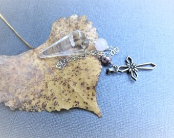 Clear Quartz Pendulum, Rose Quartz & Art Deco AB Beads, Sterling Chain, Vintage Sterling Native American Cross Pendant