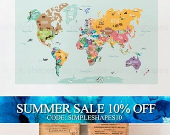 World Map Decal, Countries of the World Map, Kids Country World Map Poster, Peel and Stick Poster Sticker, World Map W1126