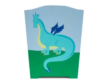 Wooden Waste Basket - Custom Hand Painted Children's Wood Garbage or Trash Can - Dragon - Castles and Dragons or Any Kid's Theme