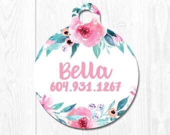 Dog ID Tag Pet ID Tag Custom Cat ID Tag Flower Pink Pet Id Tag Dog Tags for Dogs Cute Cat Tag Cute Dog Tag Floral Pet Tags Personalized Aqua