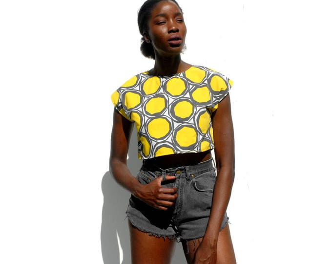 Bright yellow and charcoal graphic print cap sleeve crop top UPCYCLED