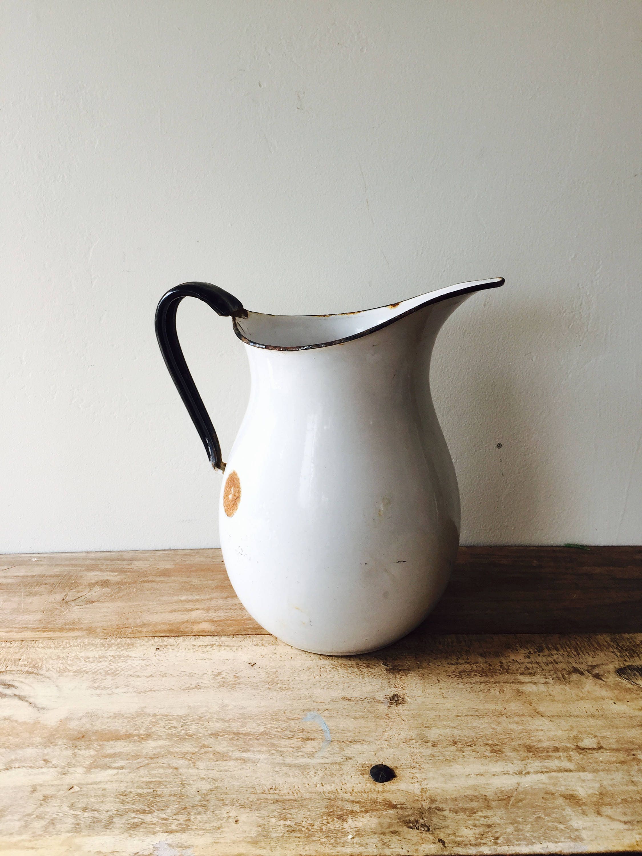 Vintage White Enamel Extra Large Pitcher with Black Handle