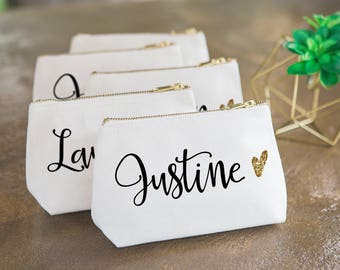 Personalized Makeup Bag Gift for Bridesmaids, Canvas Pouch w/Name & Glitter Heart Wedding Bridal Party Gift Cosmetic Bag ( Item - CMG350)