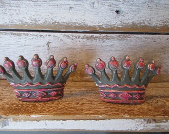 2 Gray White Pink Crown Knobs Hand Painted Drawer or Cabinet Pulls Decorative Hardware Drawer Pull Hand Painted Each is Different B-6
