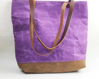 Waxed Canvas Bag/Canvas Leather Tote/Leather Straps/Purple Bag