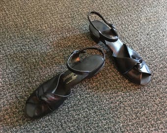 Vintage Sandals Black Size 10 Jacobson Bros. NYC Swing Dance 1940's Style WW2 Jitterbug Lindy Shoes Pleather? MCM