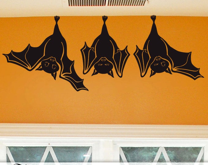 Halloween Gift for the Animal Lover, 3 Cute Bat Wall Decals, Hanging Bats Fall Decor for Indoor or Outdoor Vinyl Decal (0178cN)