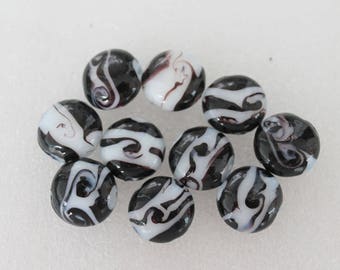 Handmade Purple WHite Swirls Lampwork Glass Lentil Beads - Set of 10