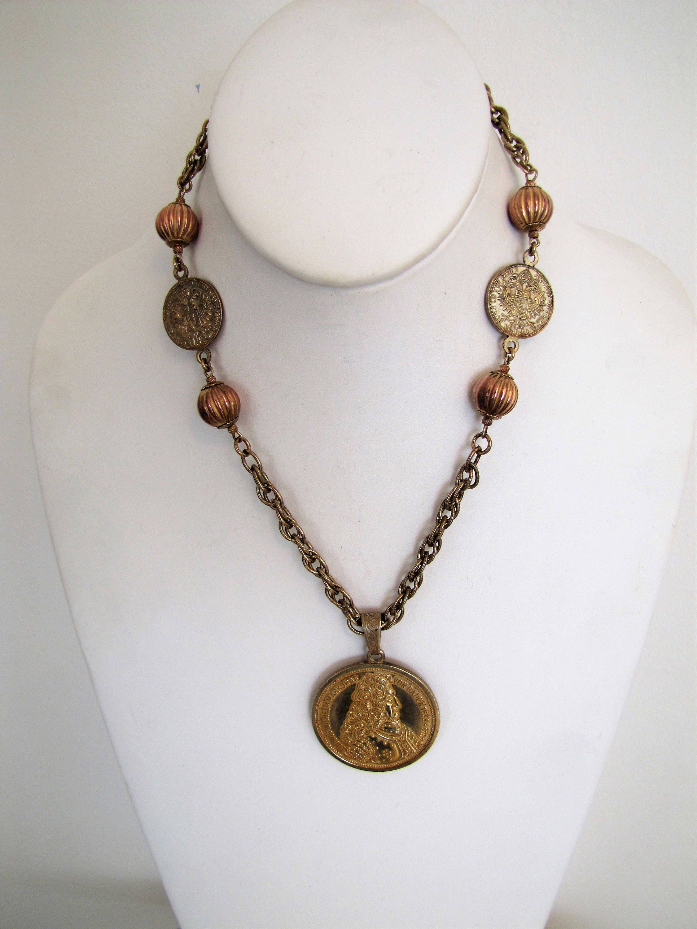 Vintage 1960s Miriam Haskell Charm Coin Medallion Necklace.